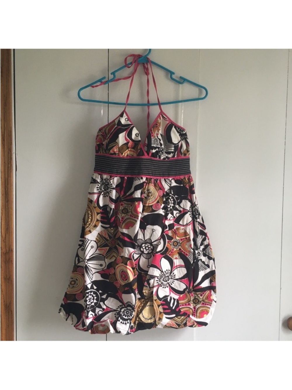 Floral Halter Bubble Dress in Pink, Black & Gold